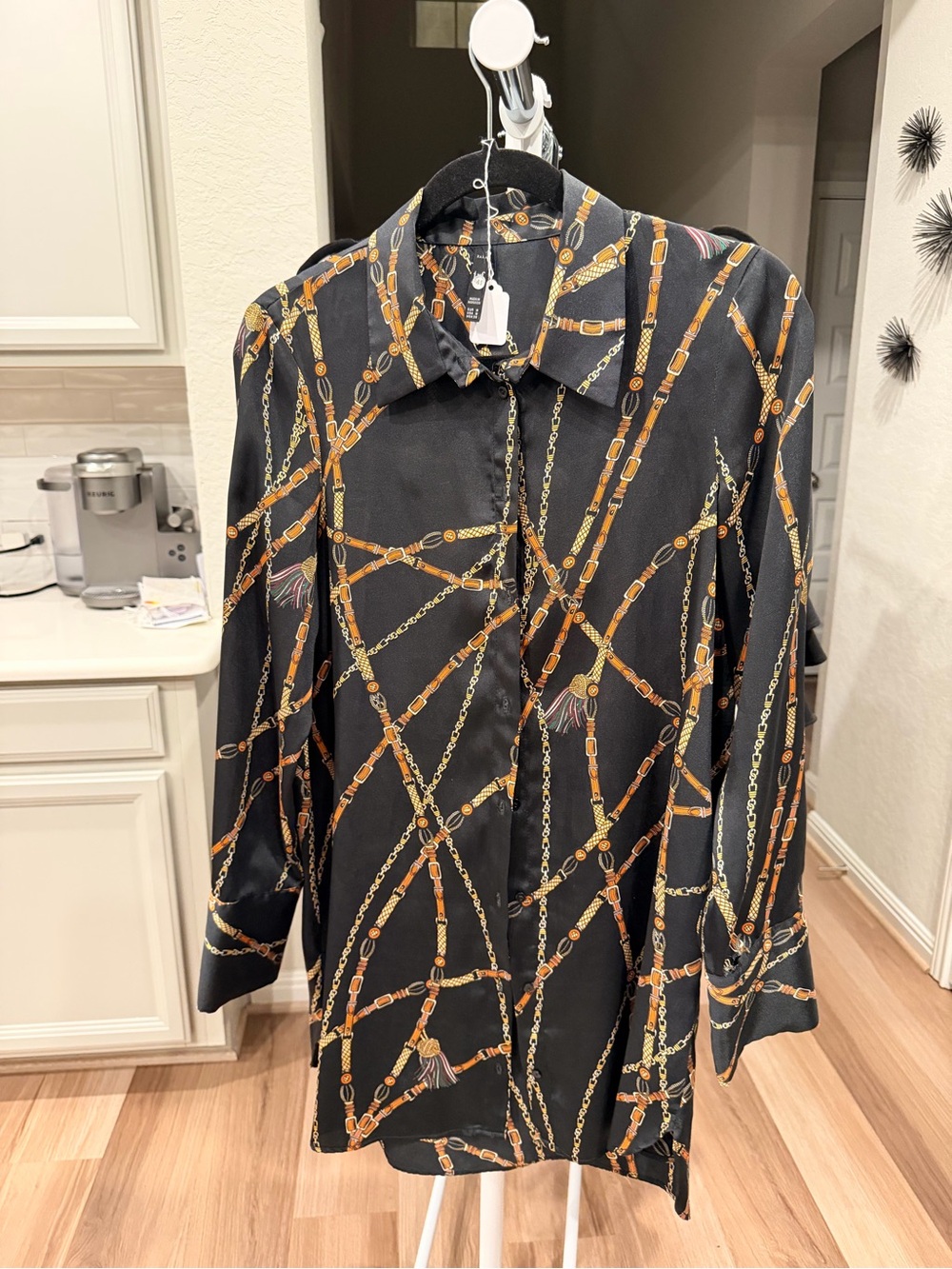 Zara Black Button-Down Shirt with Gold & Brown Chain Print